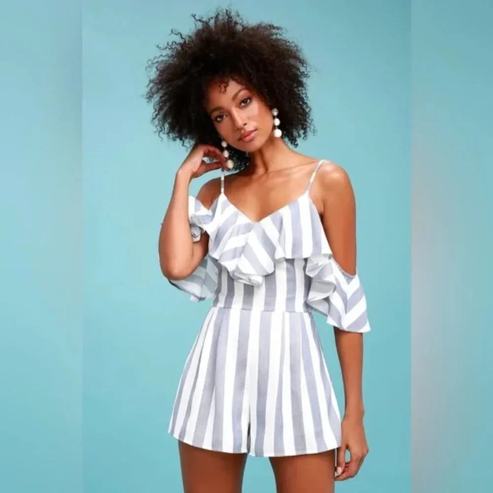 Lulu's Beach House Blue and White Striped Off-the-Shoulder Romper Size XS